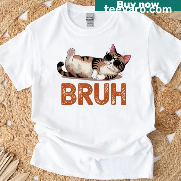 Funny meme cat wearing sunglasses with 'bruh' text T-shirt