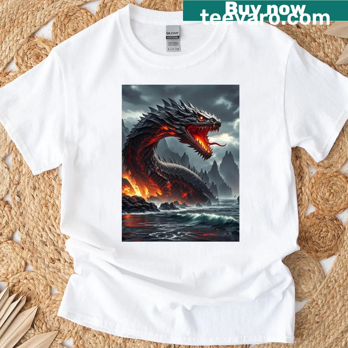 Graphic of a molten black dragon over a volcanic coast — on a men's t-shirt