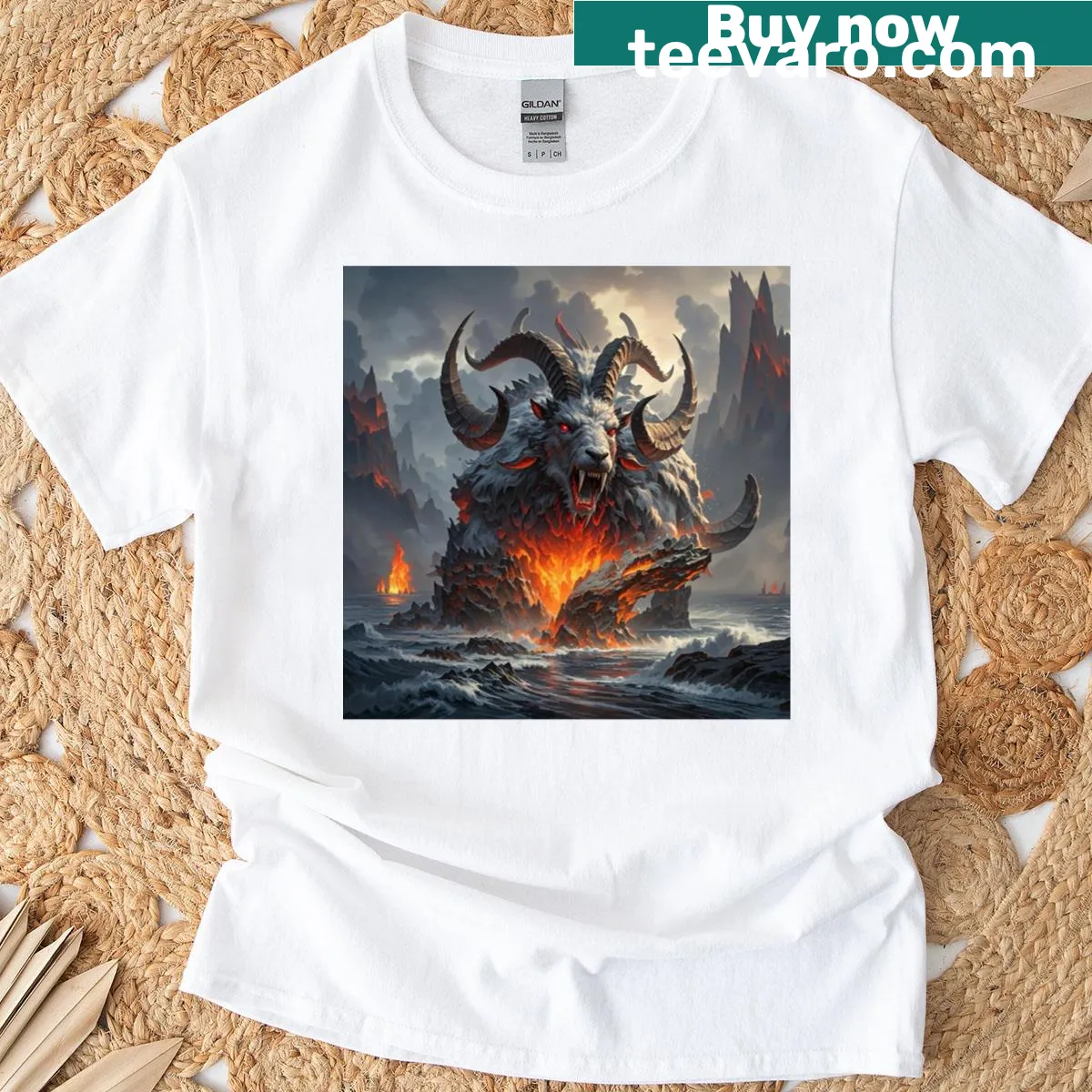 Illustration of a molten ram in a volcanic landscape on a T-shirt — on a men's t-shirt