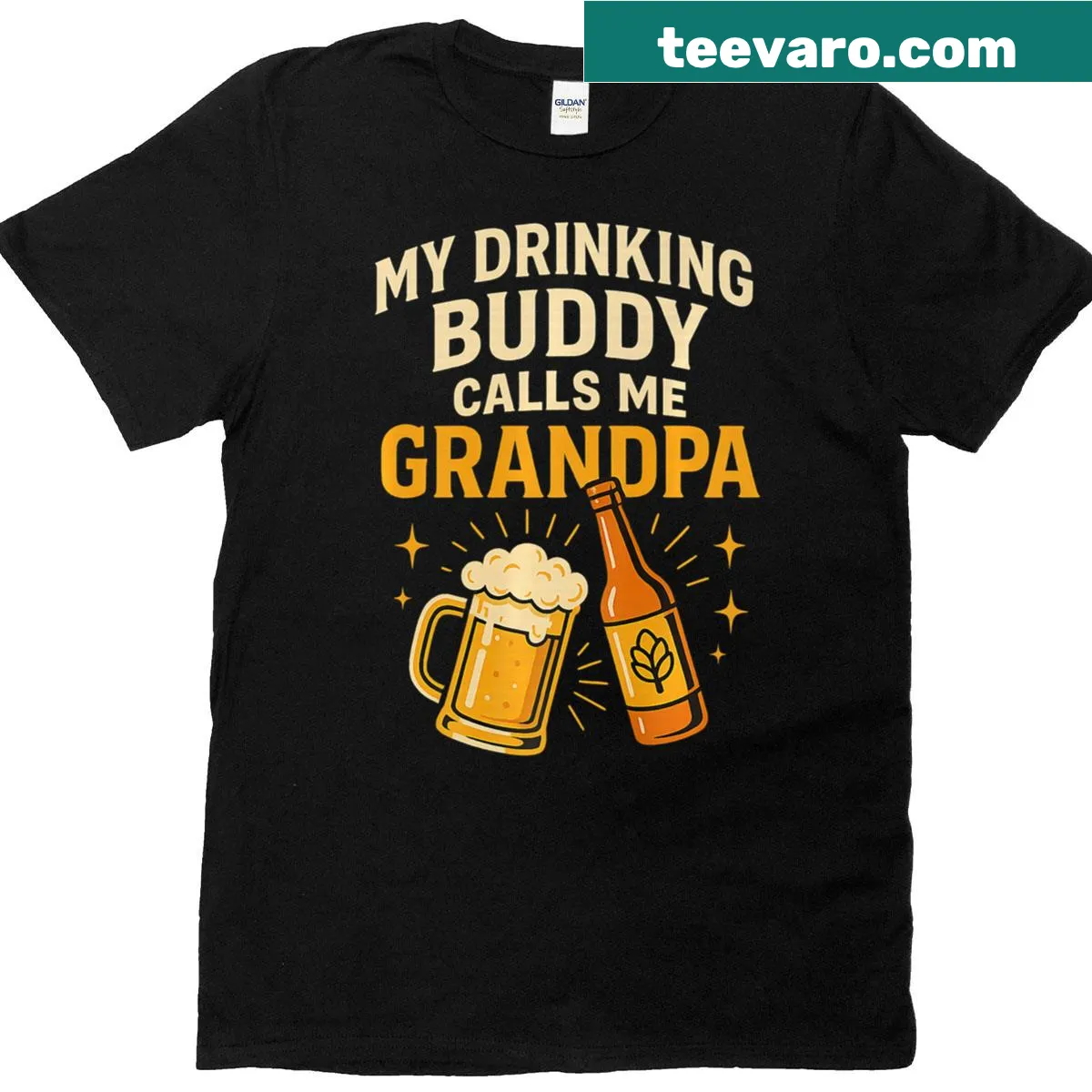 Funny beer humor t-shirt with the phrase 'my drinking buddy calls me grandpa' — on a men's t-shirt