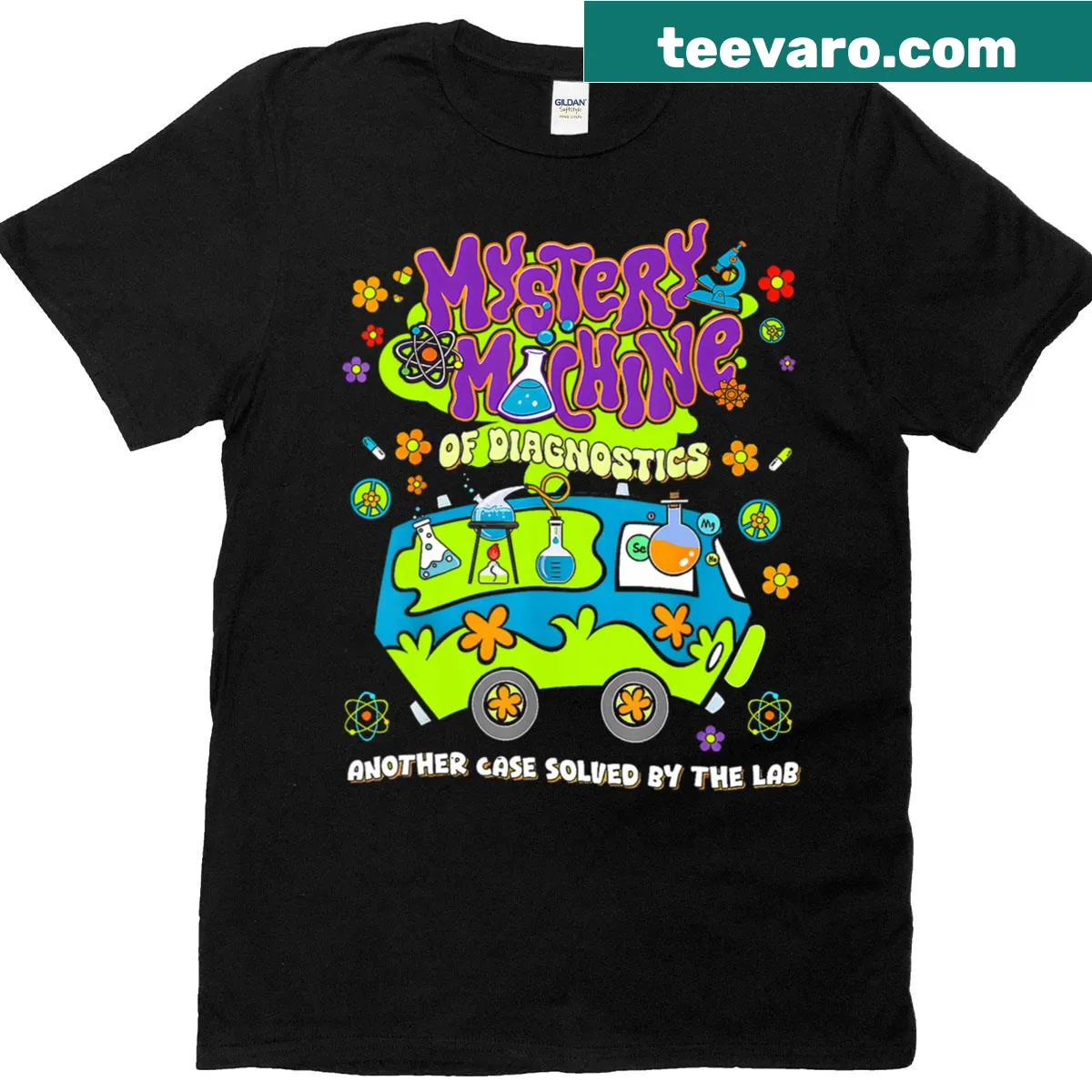 Cartoon graphic t-shirt featuring a Mystery Machine for med lab techs — on a men's t-shirt