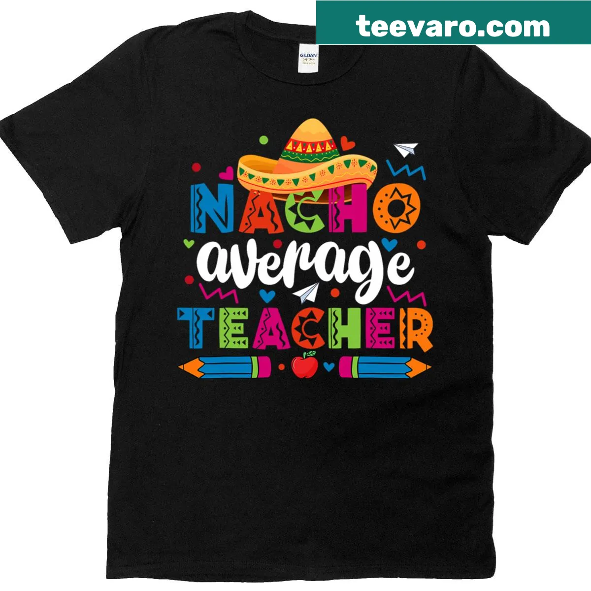 Funny t-shirt for teachers with 'nacho average teacher' text — on a men's t-shirt
