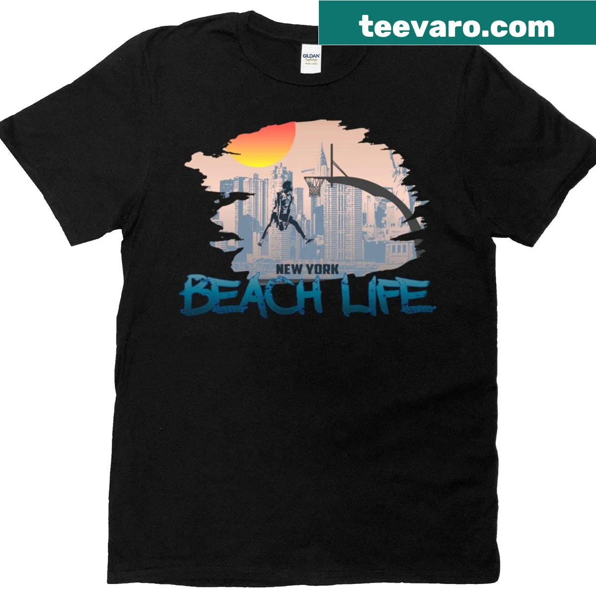 Oversized basketball t-shirt featuring a New York beach theme — on a men's t-shirt