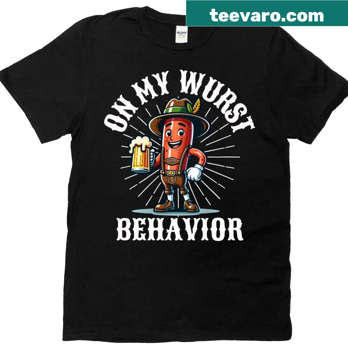 Funny T-shirt featuring bratwurst theme with cartoon graphics — on a men's t-shirt