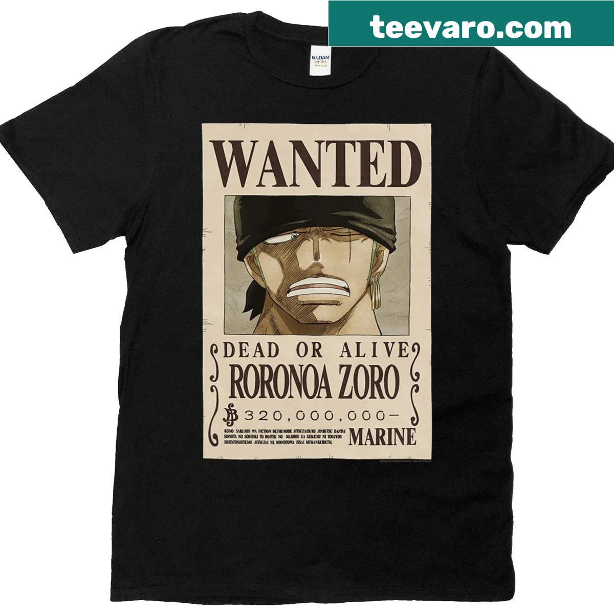 T-shirt featuring Roronoa Zoro's wanted poster from One Piece. — on a men's t-shirt