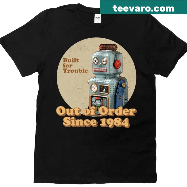 Retro robot graphic t-shirt with 'out of order since 1984' text