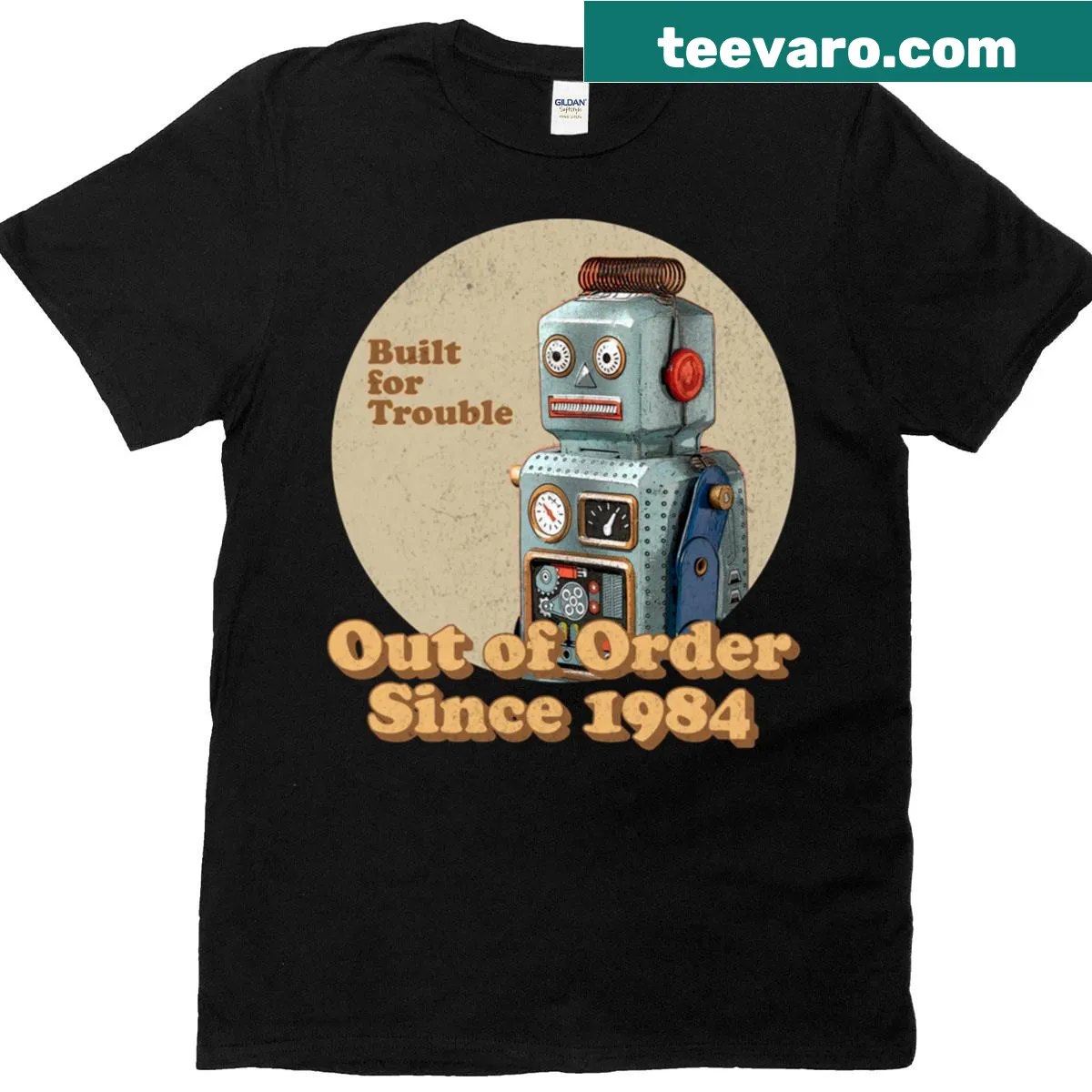 Retro robot graphic t-shirt with 'out of order since 1984' text — on a men's t-shirt