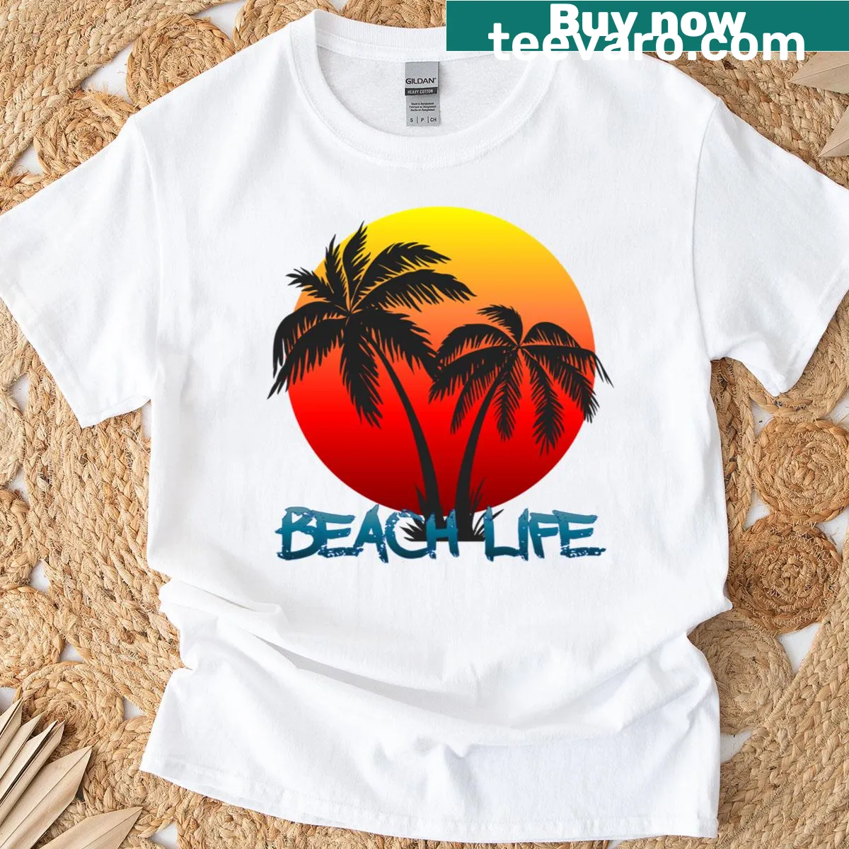 Illustrated beach scene featuring palm trees and sunset — on a men's t-shirt