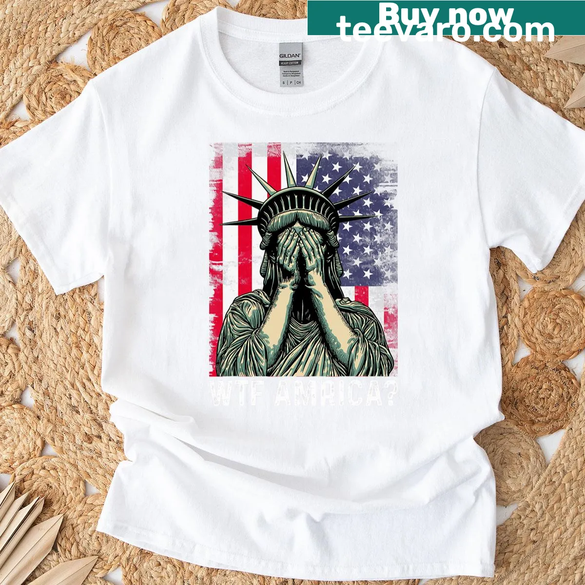 Humorous patriotic T-shirt featuring the Statue of Liberty and US flag — on a men's t-shirt