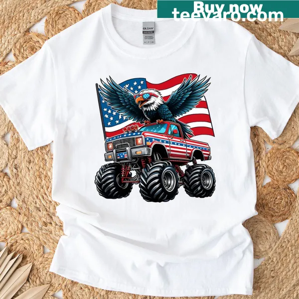 Patriotic t-shirt featuring eagle, American flag, and monster truck