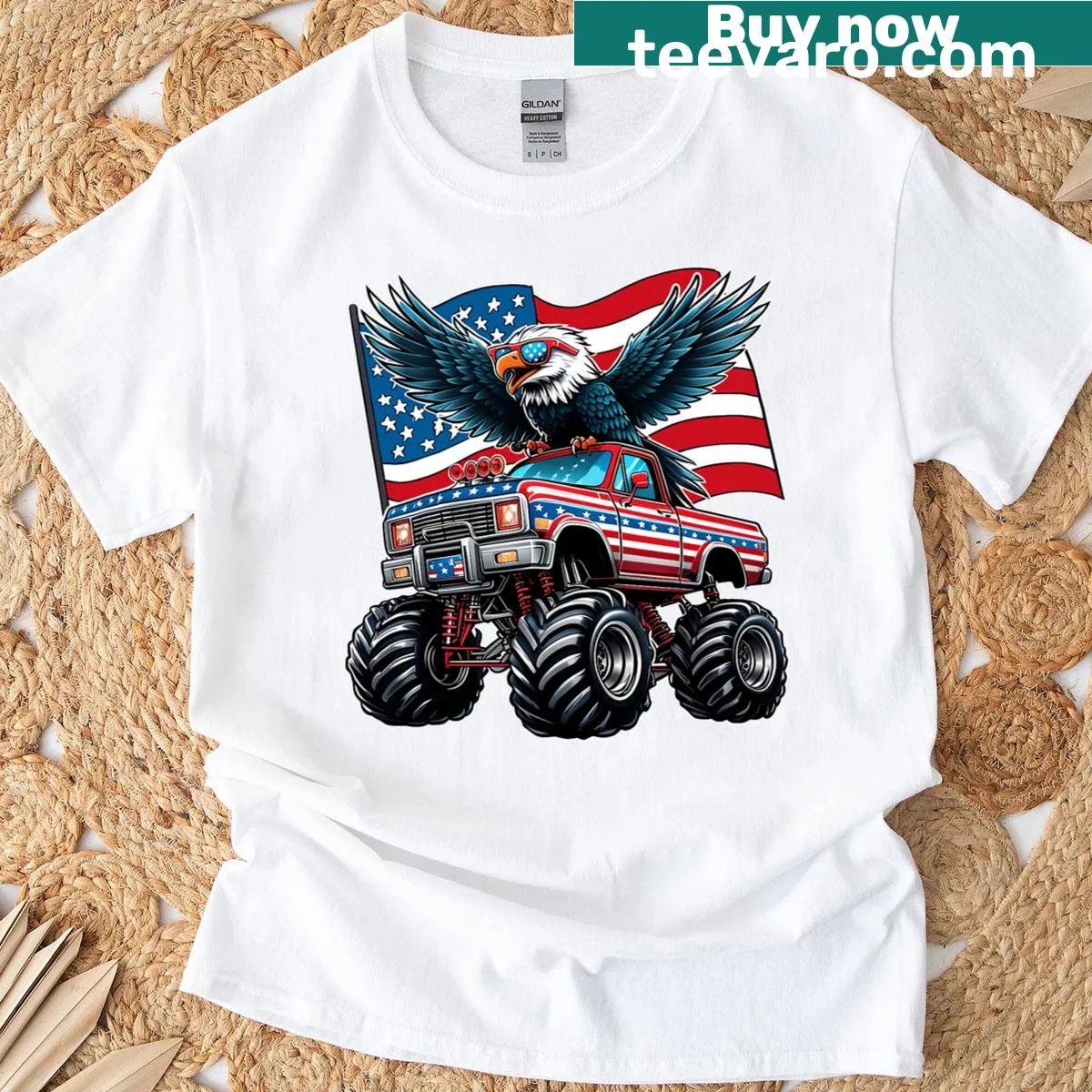 Patriotic t-shirt featuring eagle, American flag, and monster truck — on a men's t-shirt
