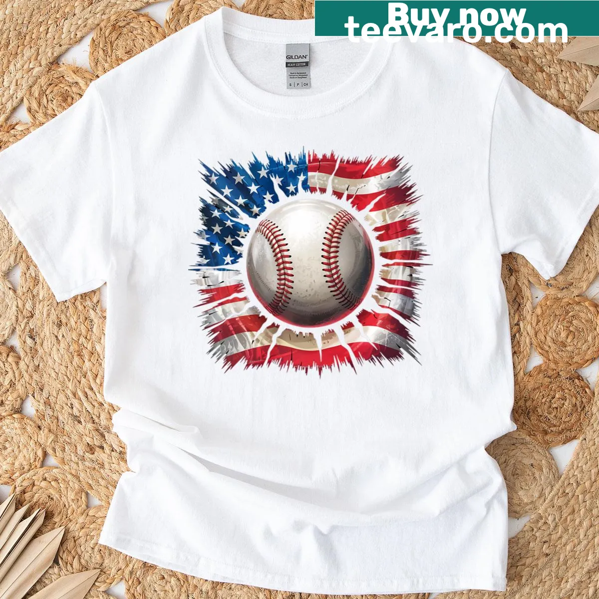 Baseball-themed T-shirt with dripping American flag design. — on a men's t-shirt