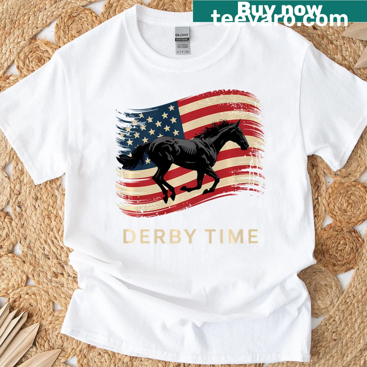 Fun horse racing graphic with patriotic elements — on a men's t-shirt