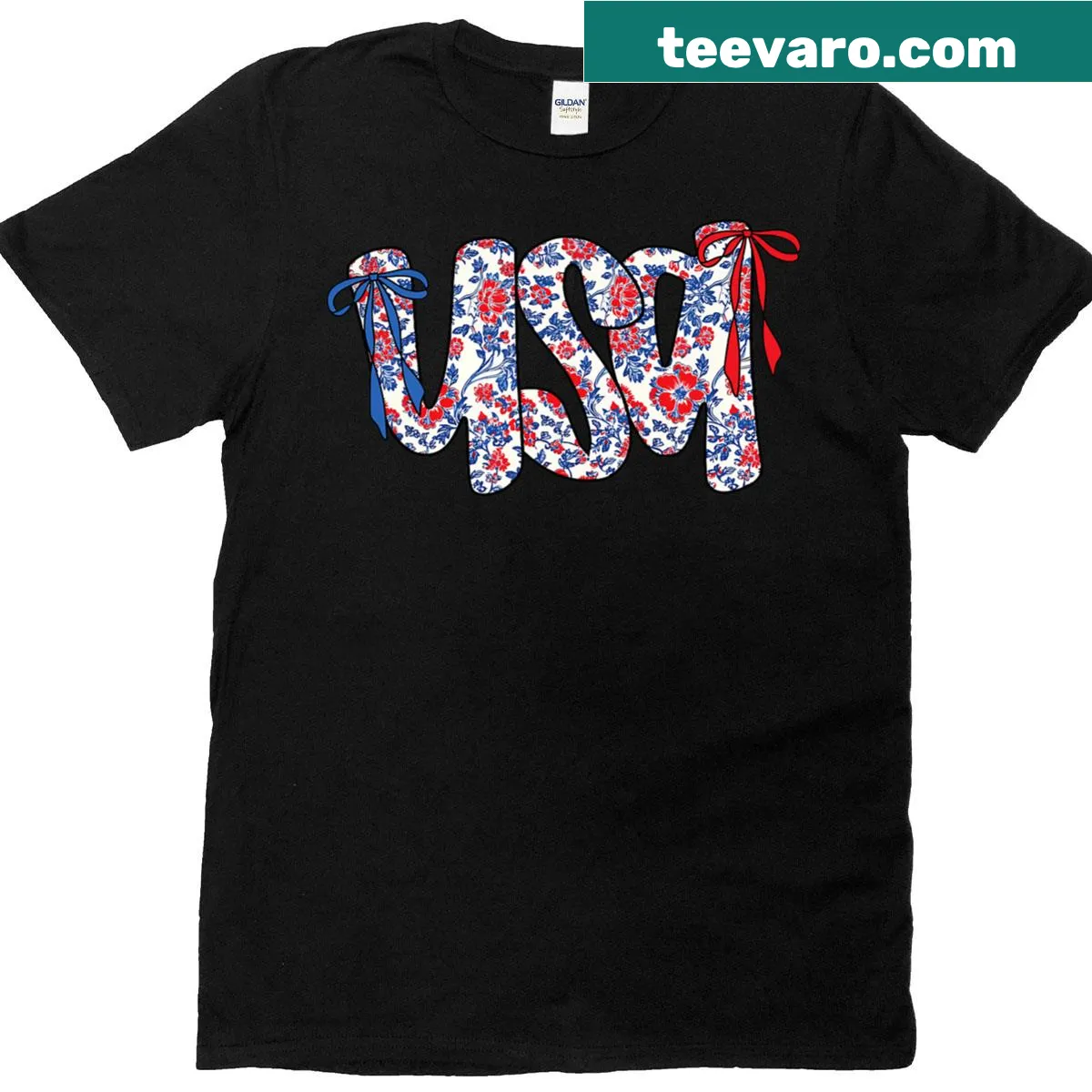 Floral-themed USA graphic for July 4th T-shirt — on a men's t-shirt