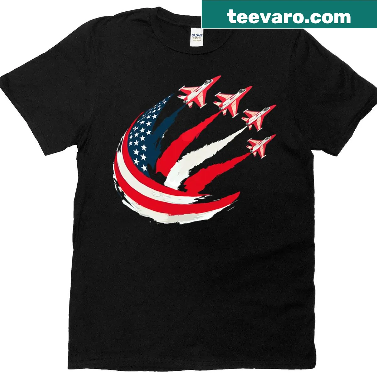 Cartoon fighter jets and USA flag design for kids T-shirt — on a men's t-shirt