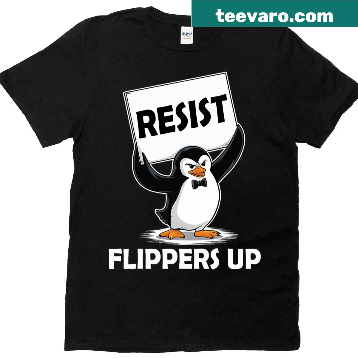 Playful penguin protest t-shirt with flippers up — on a men's t-shirt