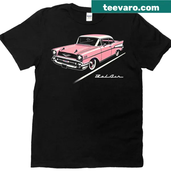 Vintage-style T-shirt featuring a pink 57 Chevy Bel Air