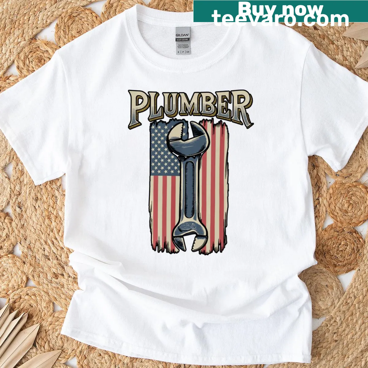 Patriotic plumber T-shirt with USA flag design — on a men's t-shirt
