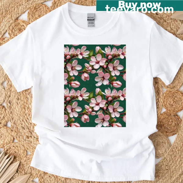 Graphic t-shirt featuring the blooms of prunus amygdalus