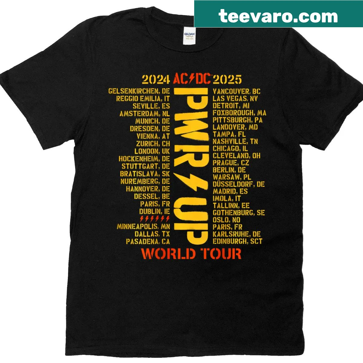 Typographic T-shirt celebrating 'Pwr Up' World Tour dates — on a men's t-shirt
