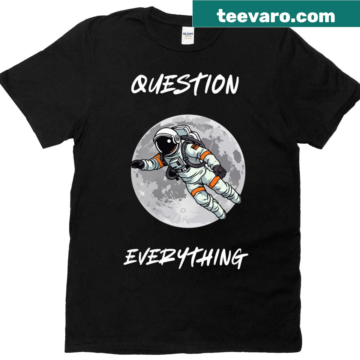 Thought-provoking typography T-shirt with 'question everything' text — on a men's t-shirt