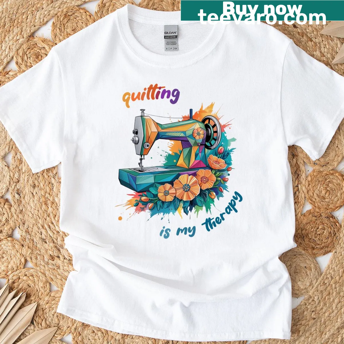 T-shirt with 'Quilting is my therapy' typography — on a men's t-shirt