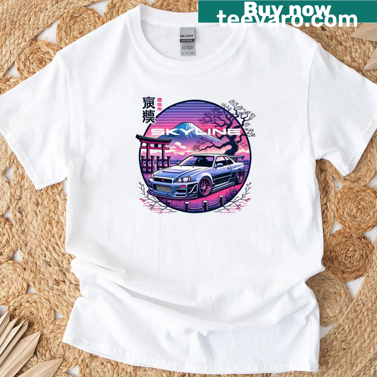 Long T-shirt with R34 GTR illustration against Japanese sky — on a men's t-shirt