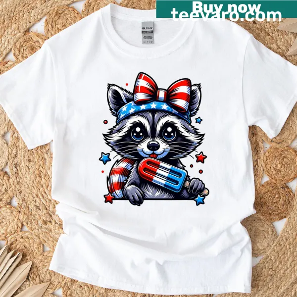 Cute raccoon with bow graphic on 4th of July T-shirt