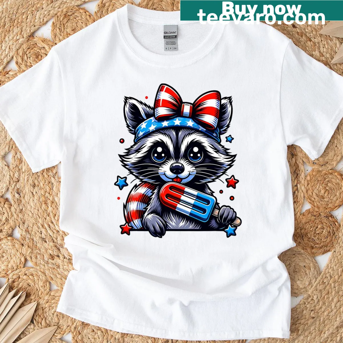 Cute raccoon with bow graphic on 4th of July T-shirt — on a men's t-shirt