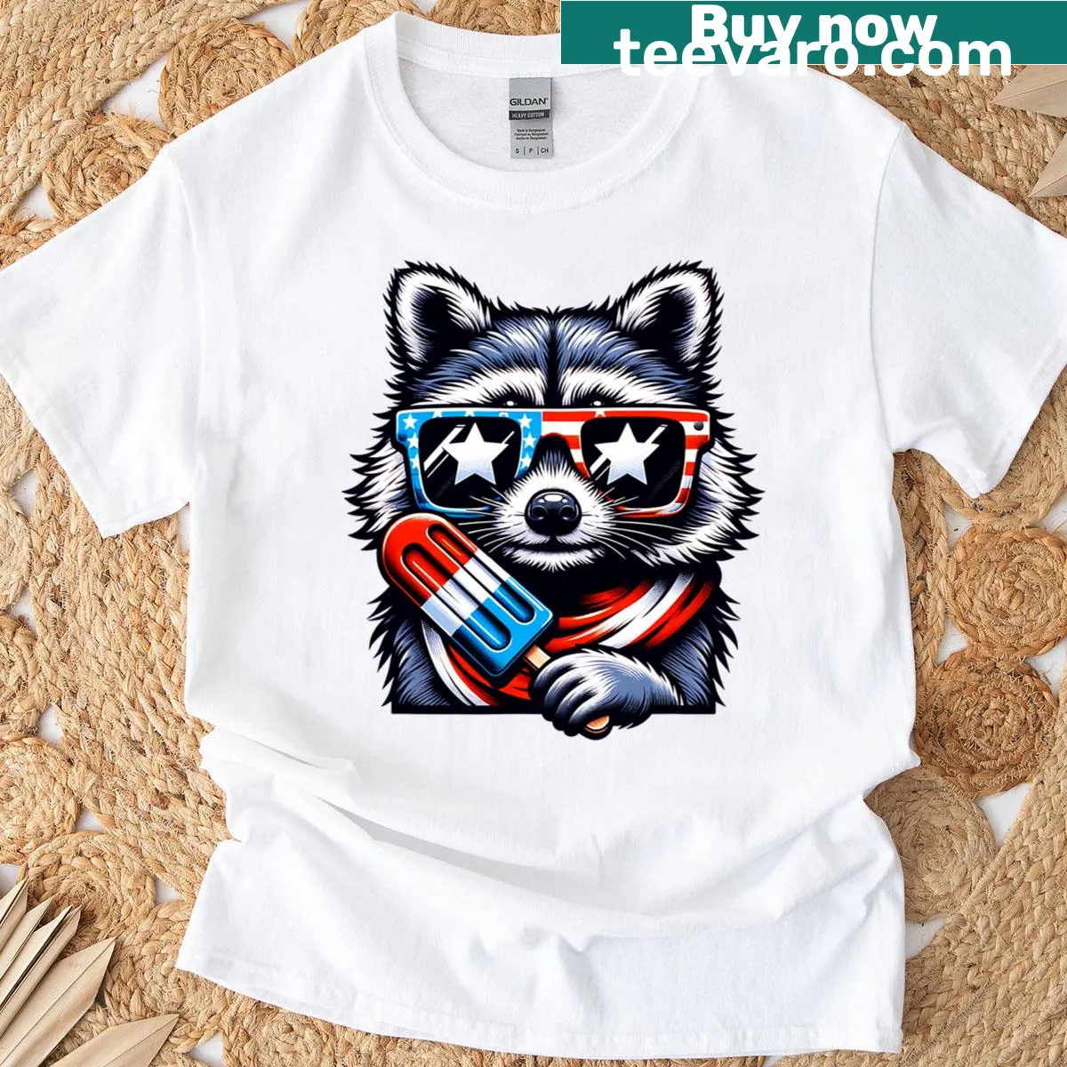 Cute raccoon in patriotic colors for 4th of July celebration — on a men's t-shirt