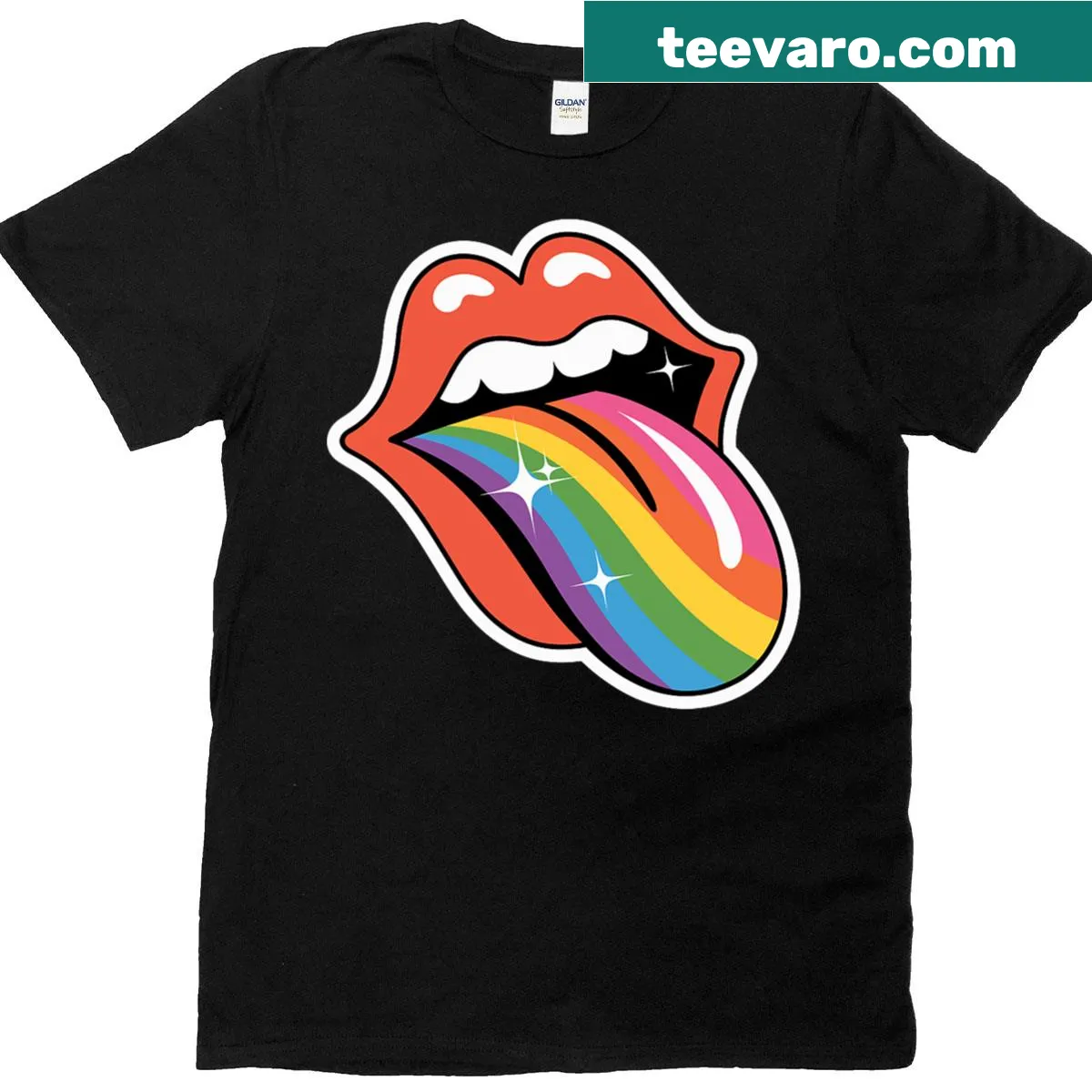 Colorful art T-shirt featuring rainbow tongue and lips — on a men's t-shirt