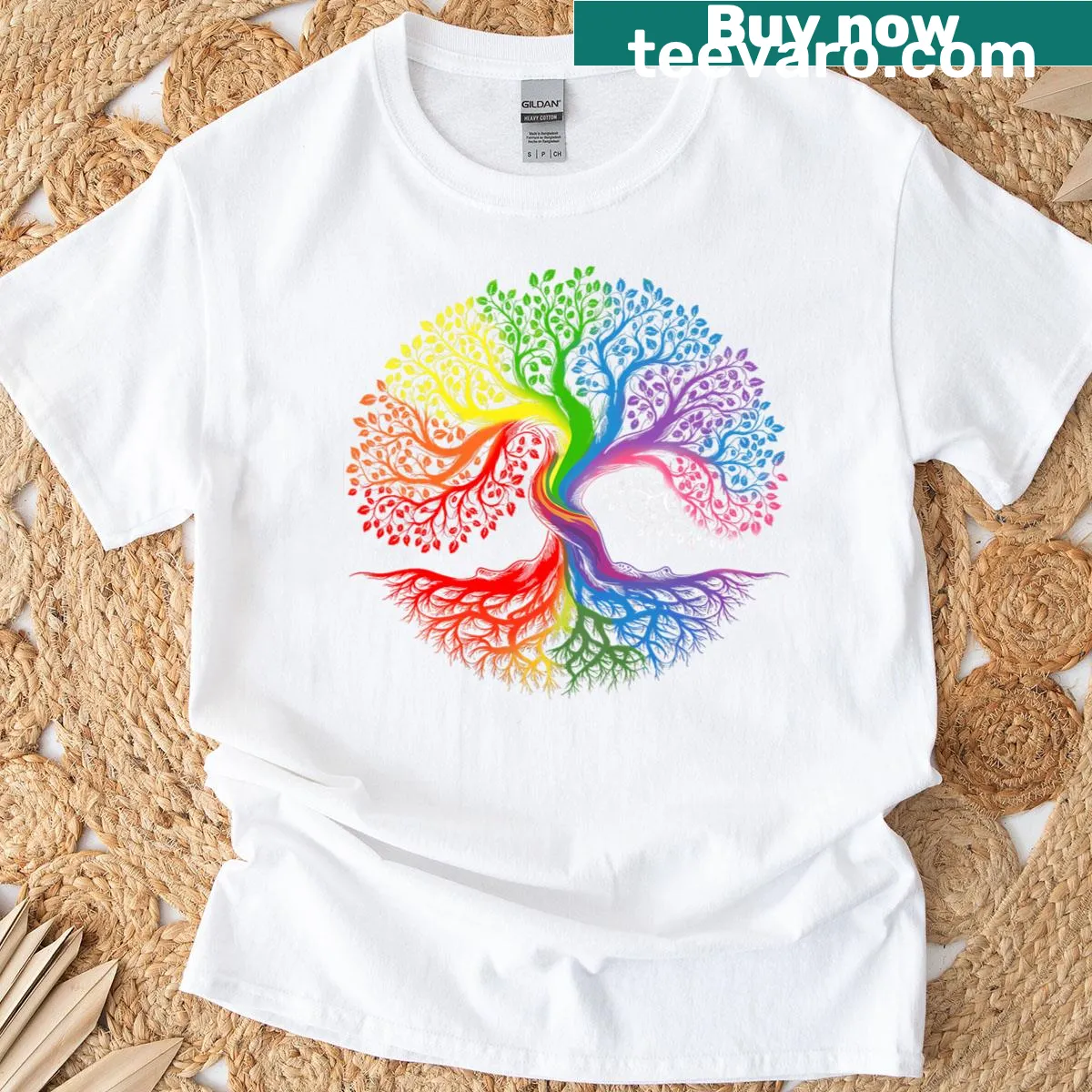 Illustrated rainbow tree of life symbolizing LGBTQ+ support — on a men's t-shirt