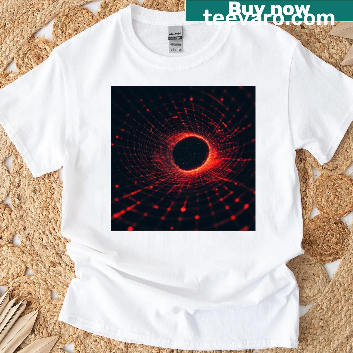 T-shirt with a design of grid lines forming a black hole — on a men's t-shirt