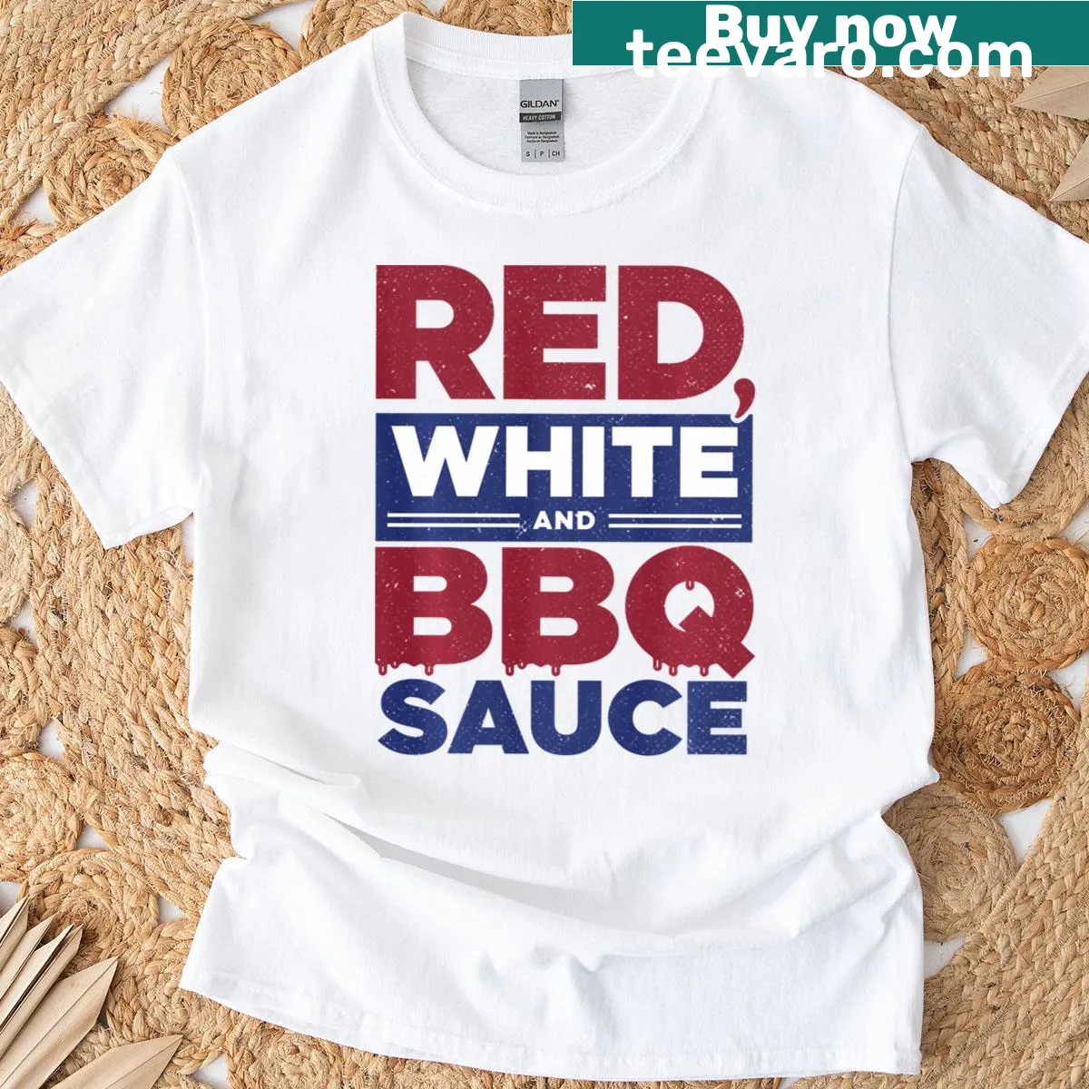 Retro BBQ Dad t-shirt with patriotic red, white, and sauce design. — on a men's t-shirt