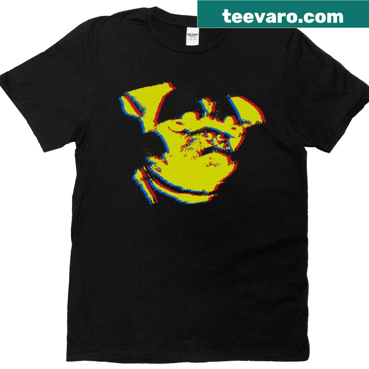 T-shirt featuring a pug illustration on a vibrant background — on a men's t-shirt