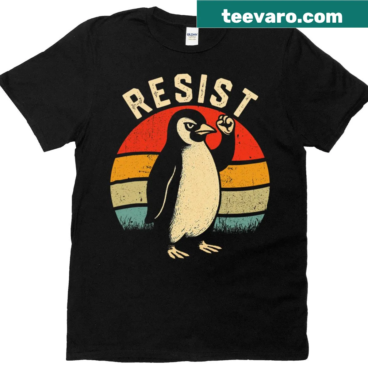 Retro graphic T-shirt featuring a penguin with a message of resistance — on a men's t-shirt