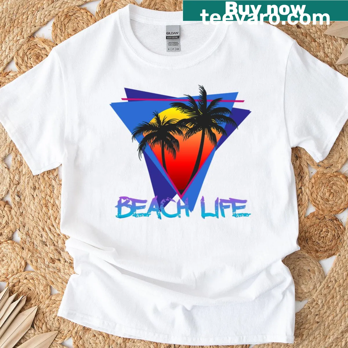 Vintage beach life T-shirt with relaxed beach-themed illustration — on a men's t-shirt