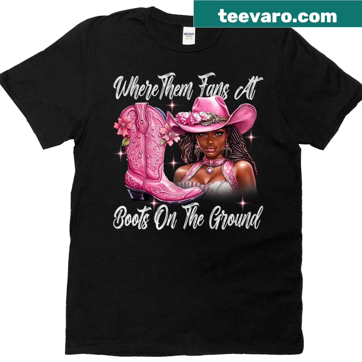 Retro cowgirl T-shirt with boots design and fan theme — on a men's t-shirt
