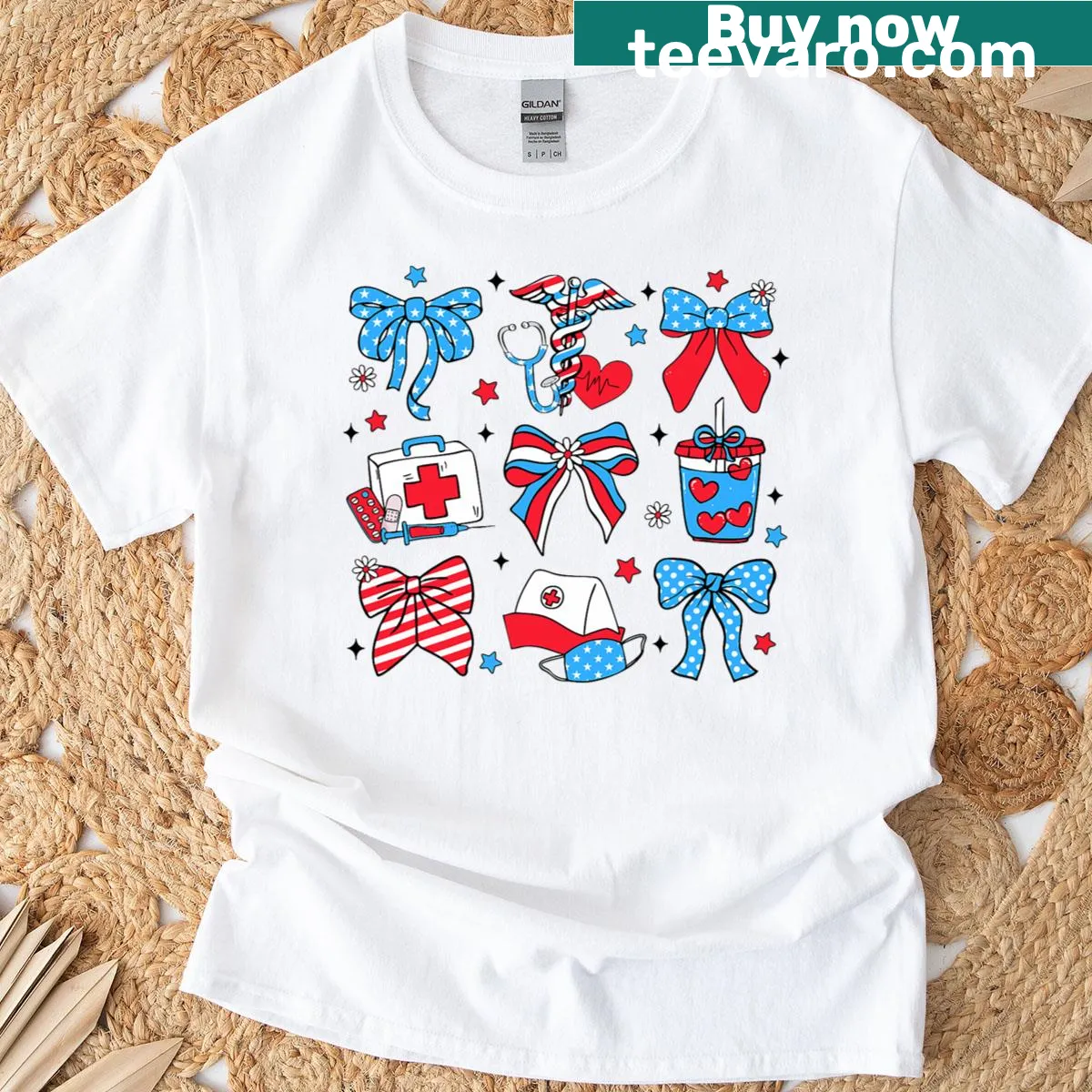 Retro funny nurse T-shirt with patriotic design and nursing elements. — on a men's t-shirt