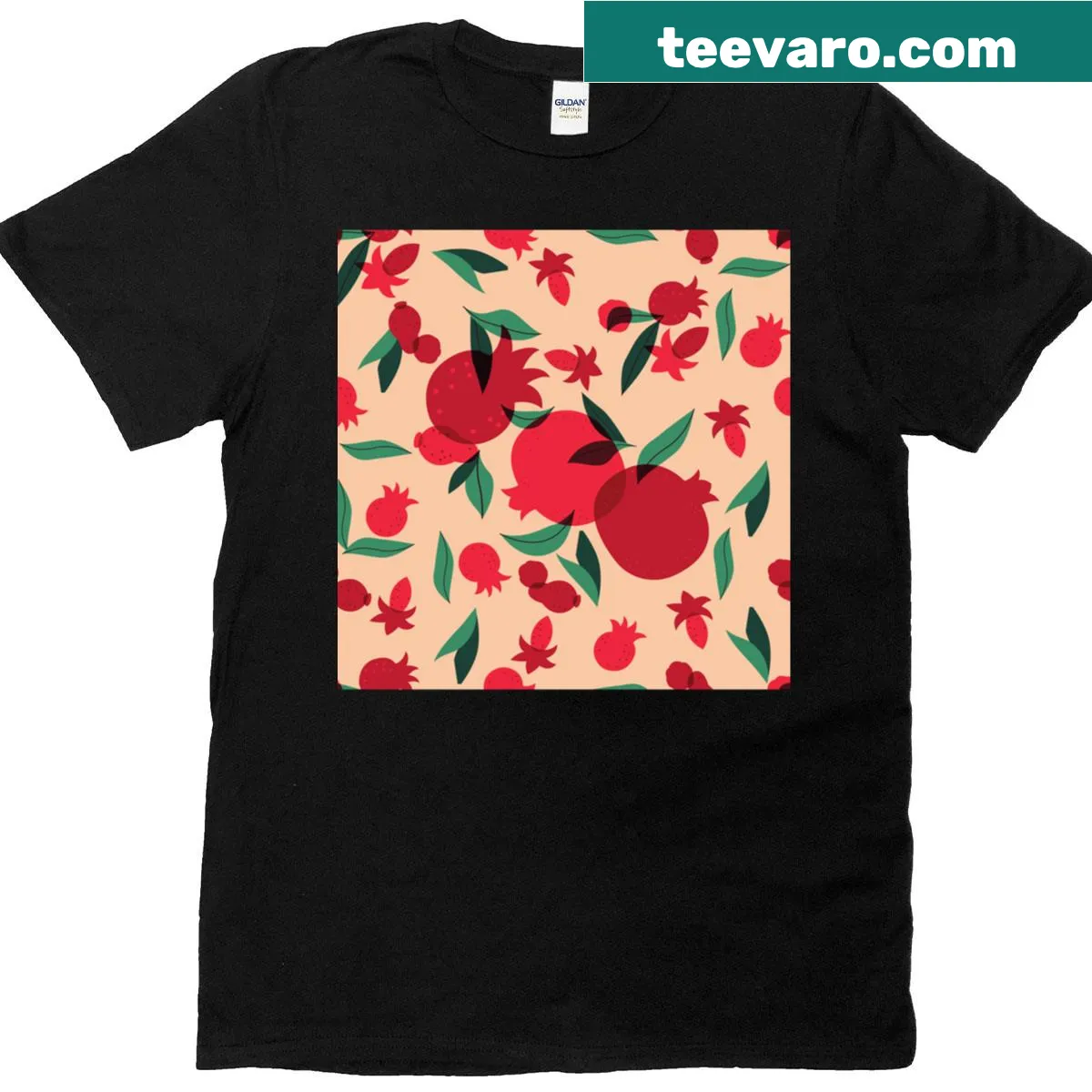 Retro botanical T-shirt with pomegranate fruit and leaves illustration — on a men's t-shirt