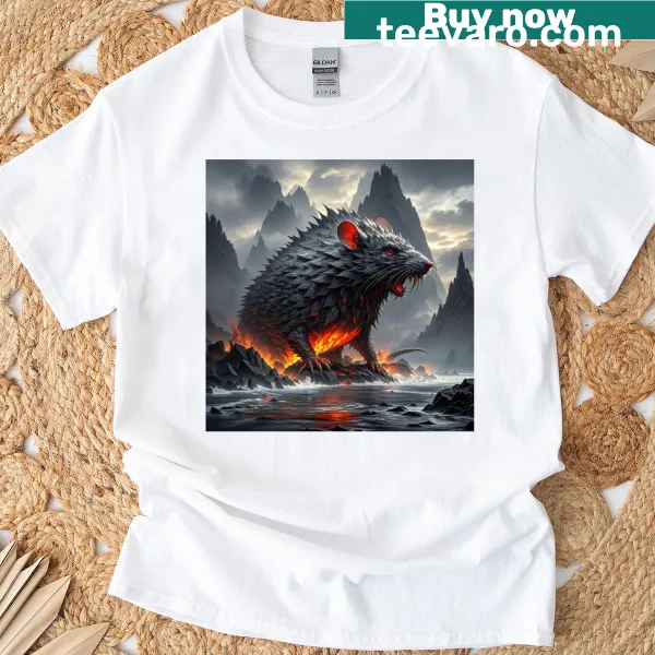 Long T-shirt featuring a fierce lava armored rat beast illustration