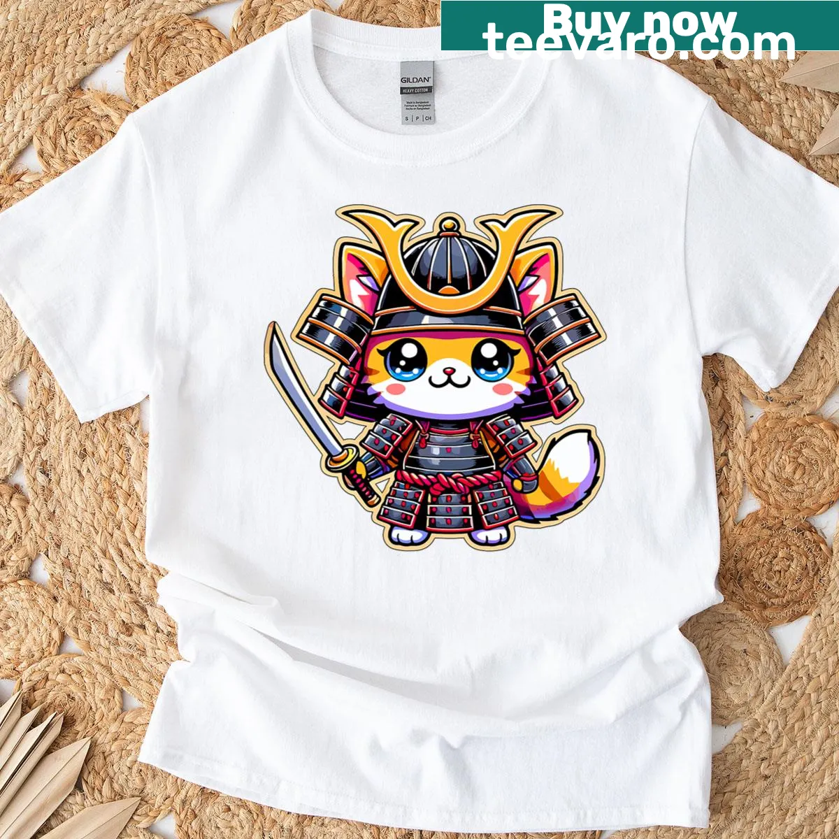 Cute illustration of an orange cat dressed as a samurai on a T-shirt — on a men's t-shirt