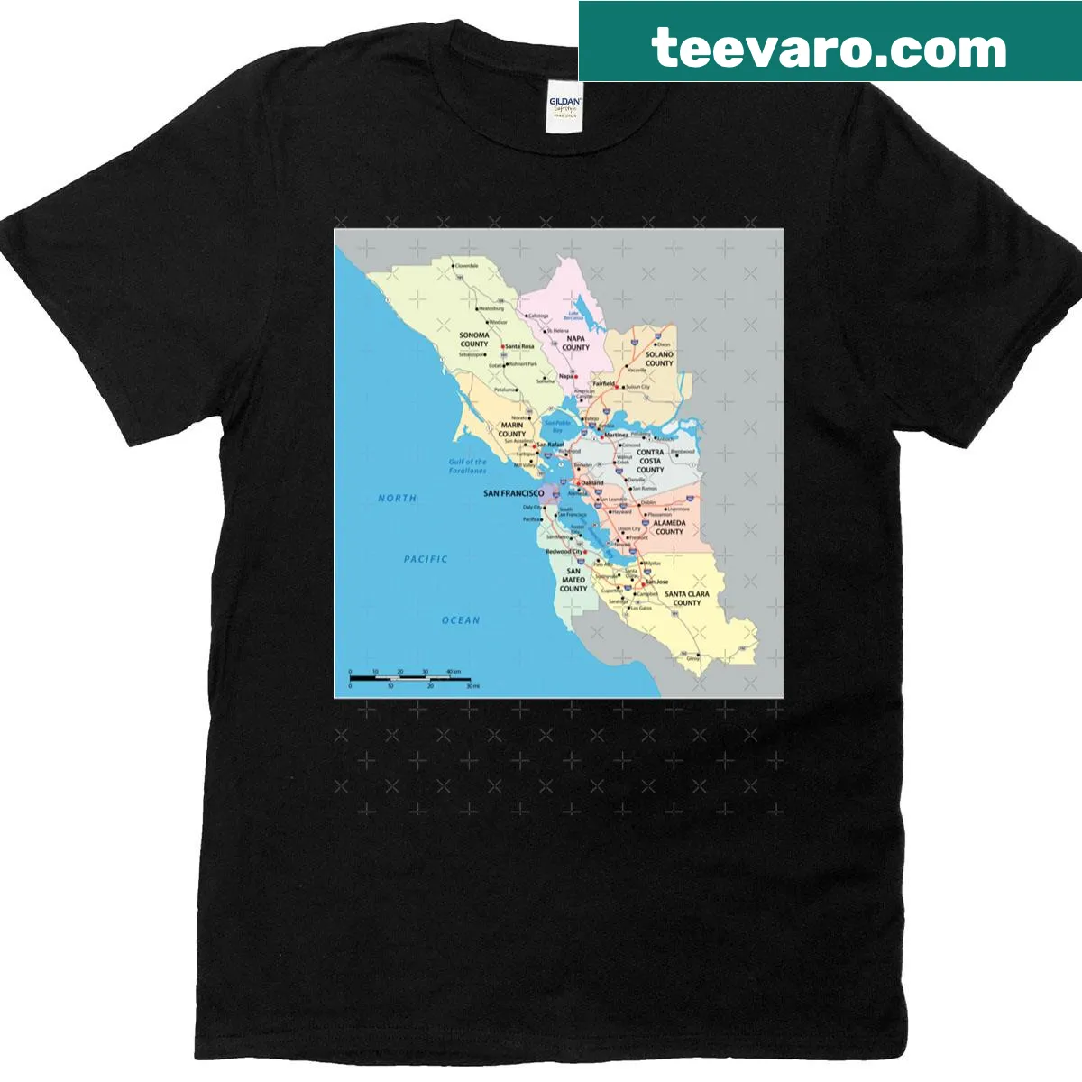 Map design T-shirt featuring the San Francisco Bay Area counties — on a men's t-shirt
