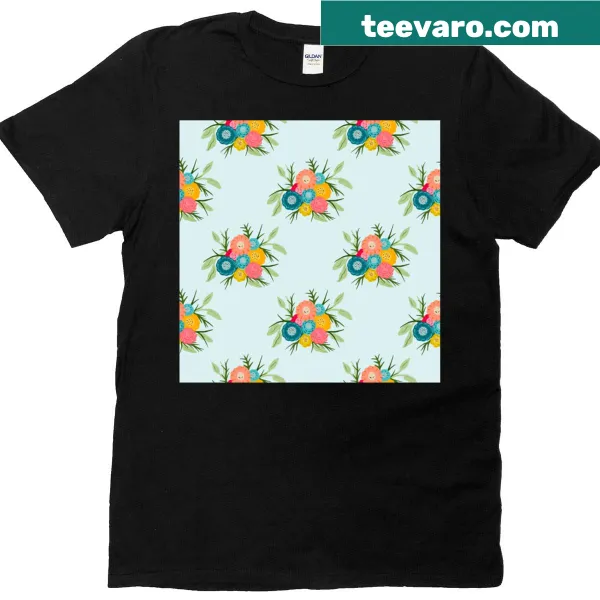 Seamless pattern of spring bouquets on a T-shirt.