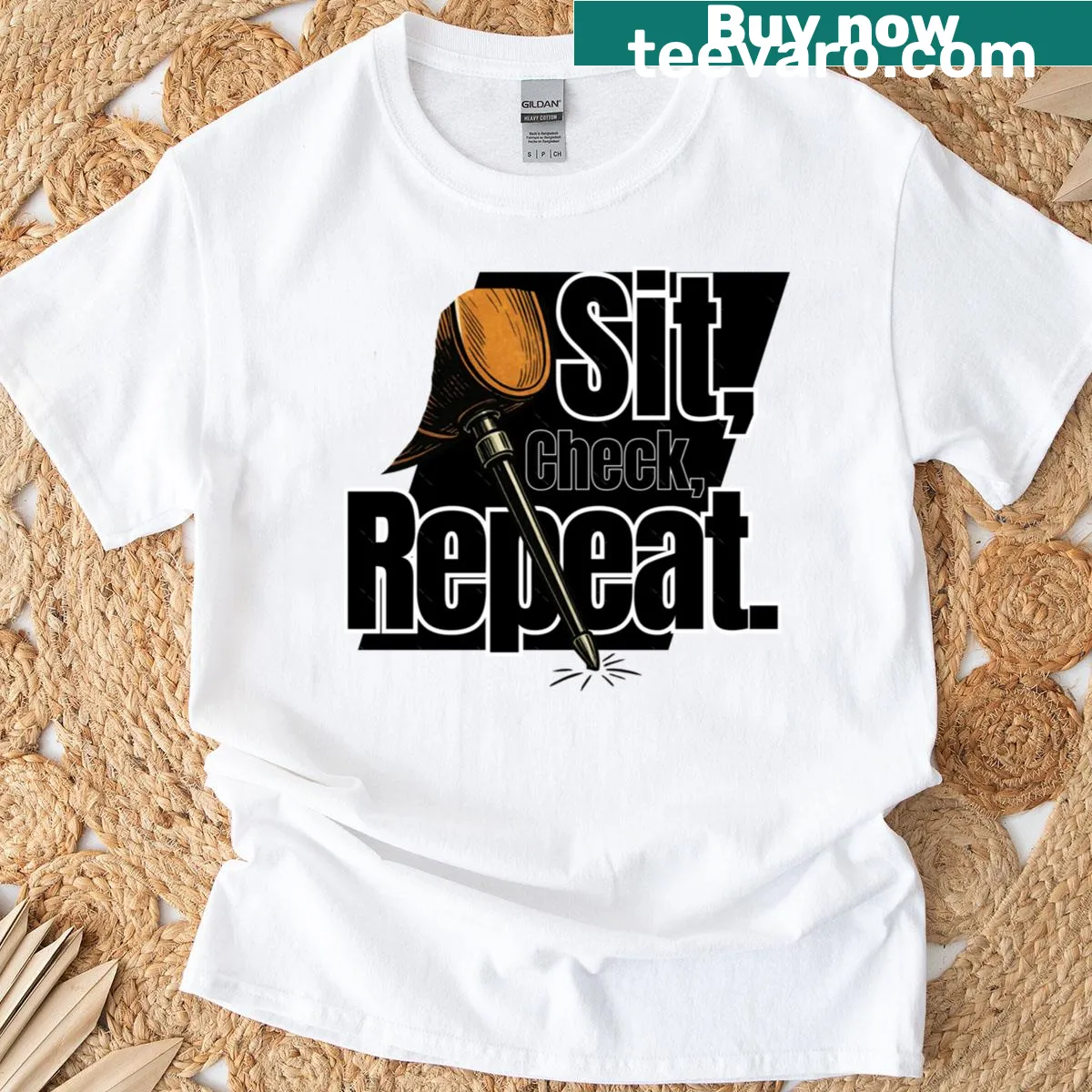 Typography T-shirt with the phrase 'Sit Check Repeat' — on a men's t-shirt