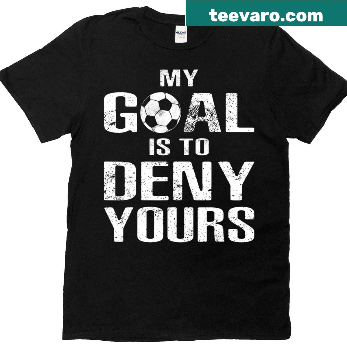 Funny soccer goalie T-shirt with a cartoon goalkeeper illustration — on a men's t-shirt