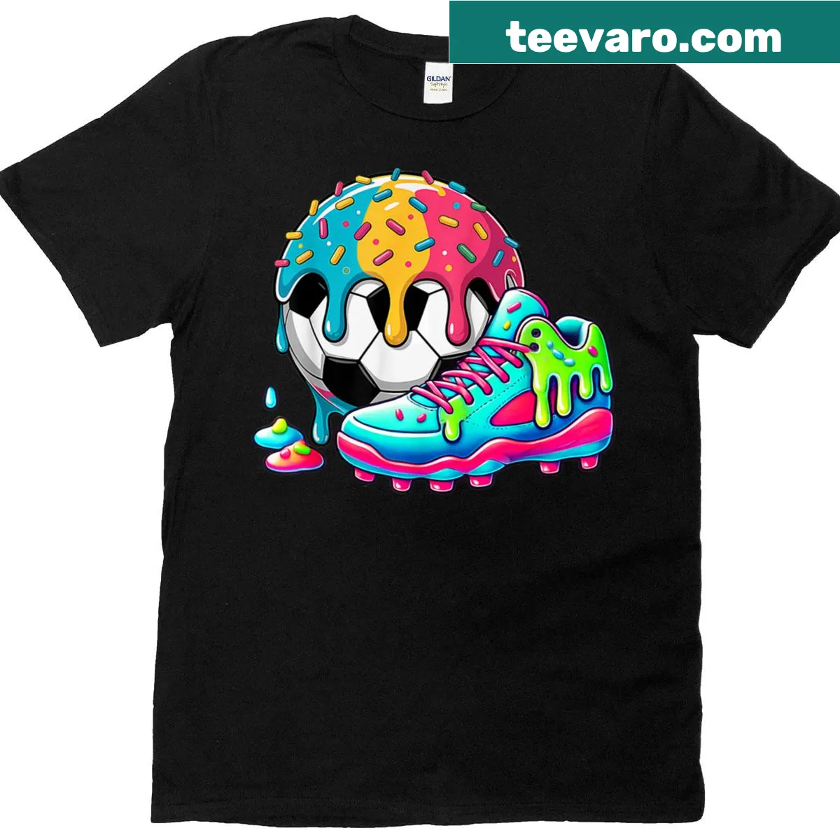 Cartoon soccer ball with ice cream drip graphic T-shirt for kids — on a men's t-shirt