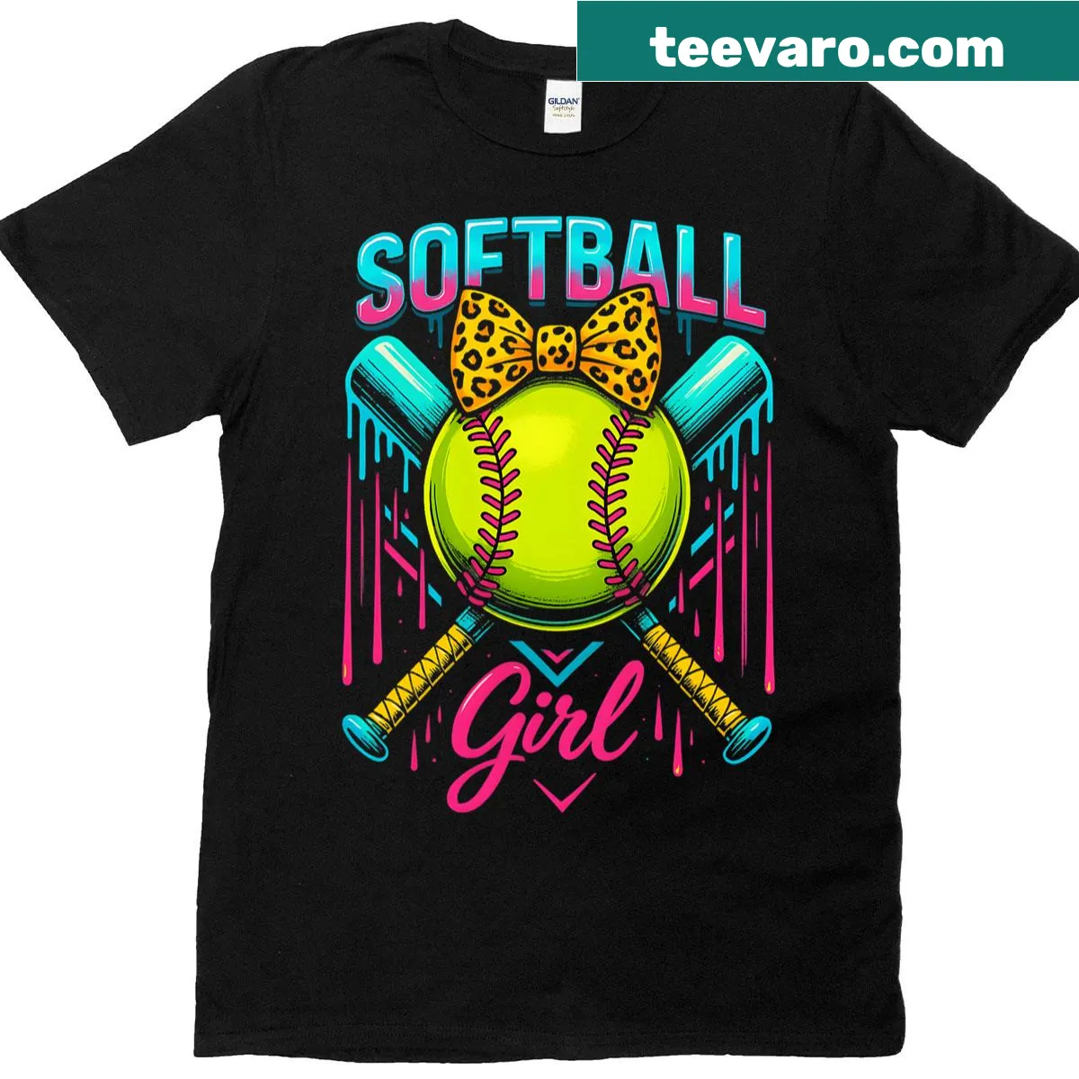 Cartoon softball girl with ice cream drip graphic T-shirt — on a men's t-shirt