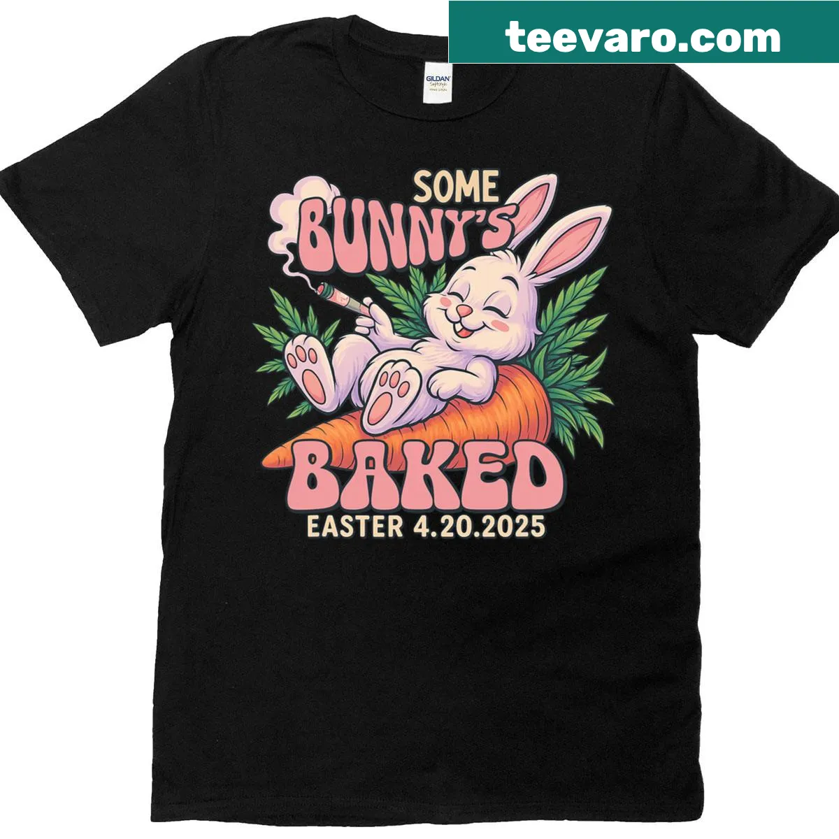 Humorous Easter T-shirt featuring a weed-smoking rabbit illustration — on a men's t-shirt
