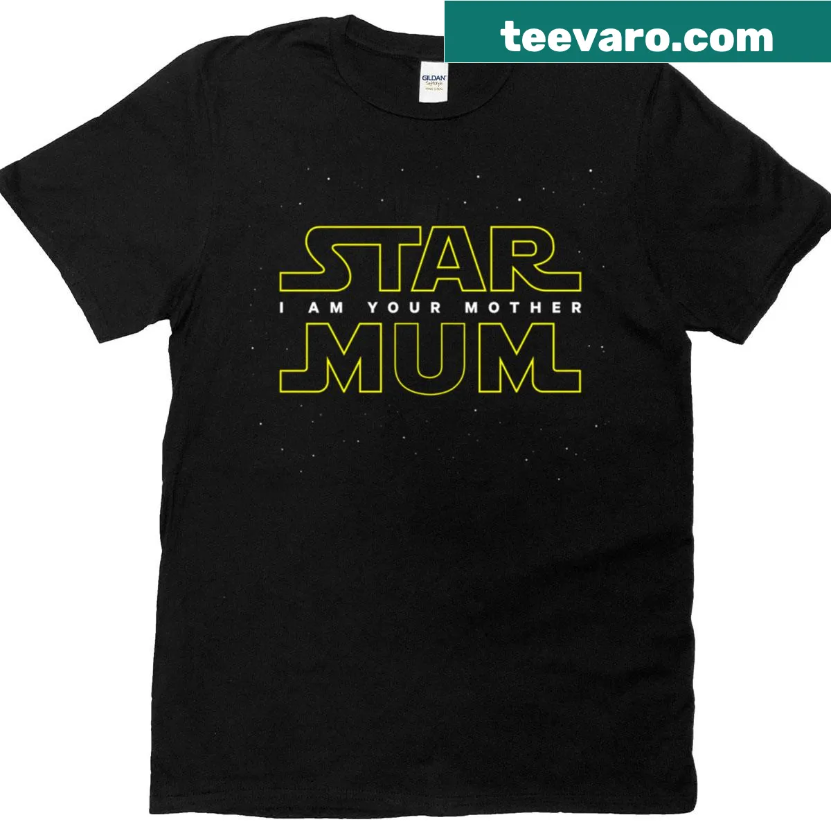 Fitted scoop T-shirt with 'Star Mum - I am your mother' text — on a men's t-shirt